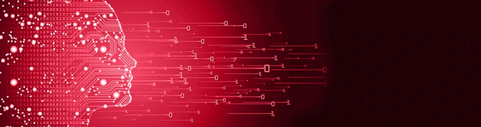 Big data and artificial intelligence concept. Machine learning and cyber mind domination concept in form of women face outline outline with circuit board and binary data flow on blue background.